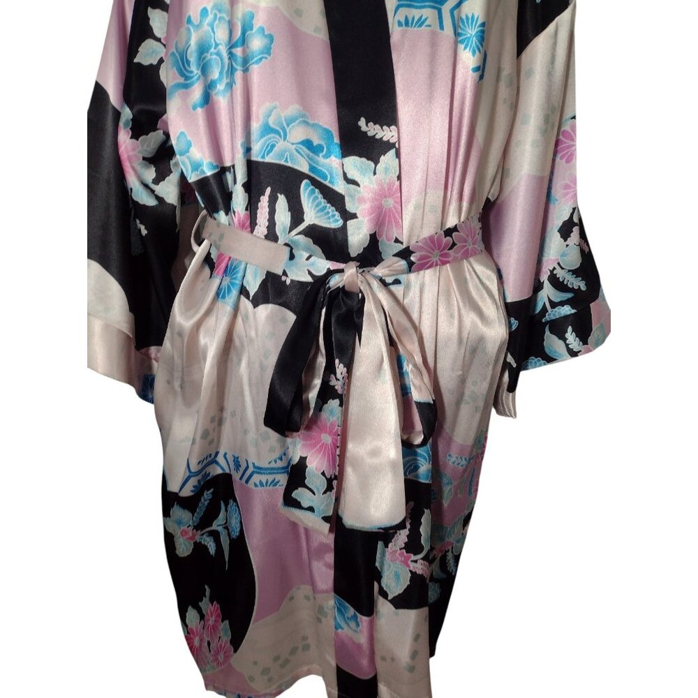 Fredrick’s Of Hollywood Floral Satin Robe Kimono Size S Belted Asian Loungewear - Picture 3 of 7